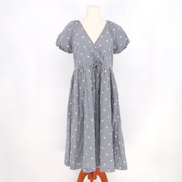 MADEWELL Embroidered Gingham Faux-Wrap Tie-Waist Midi Dress Navy Size S - Picture 3 of 9